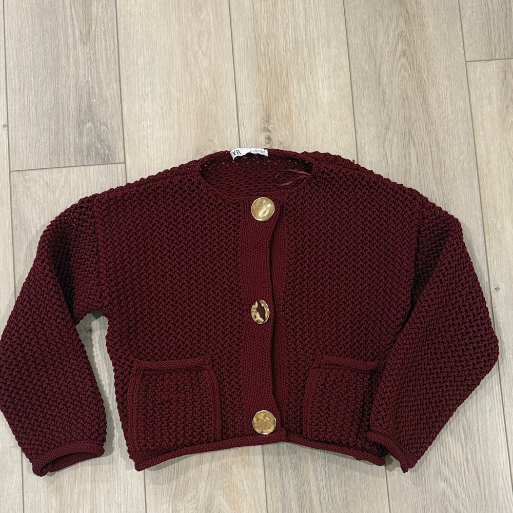 Zara Deep Red Knit Sweater with Brass Button